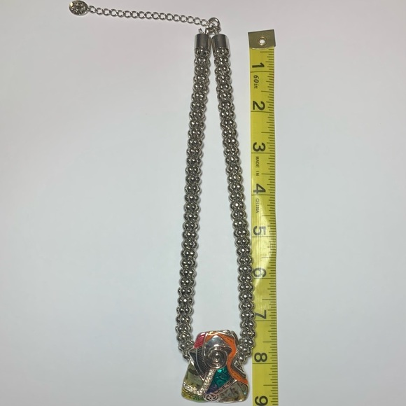 Artist Rainbow Mixed Media Abalone Mosaic Trapezoid Silver Necklace - Picture 9 of 10